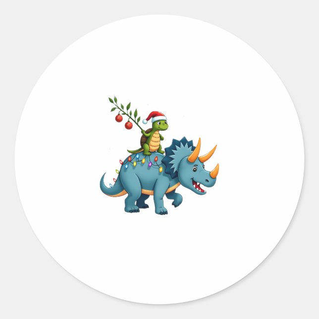 Sticker Rond Santa Turtle Riding T-Rex Reindeer Christmas Light (Devant)