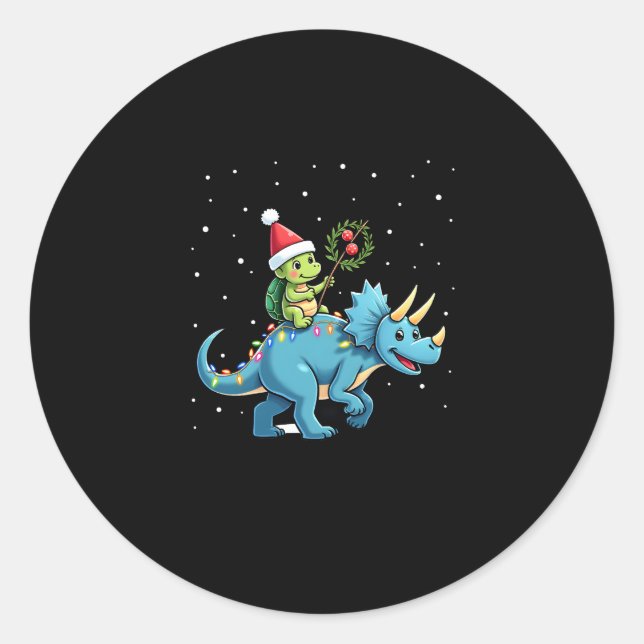 Sticker Rond Santa Turtle Riding T-Rex Reindeer Christmas Light (Devant)