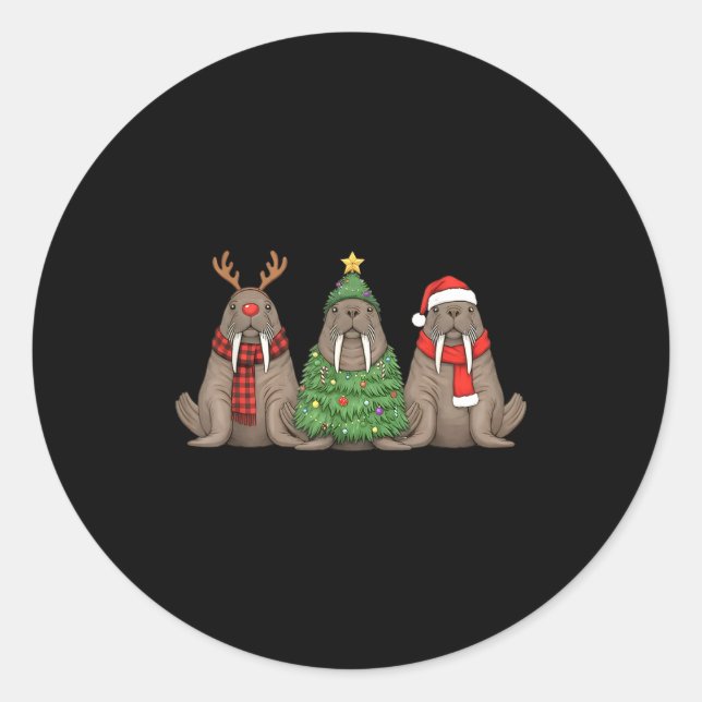 Sticker Rond Santa Walrus Christmas Tree Walrus Lover Animal Xm (Devant)