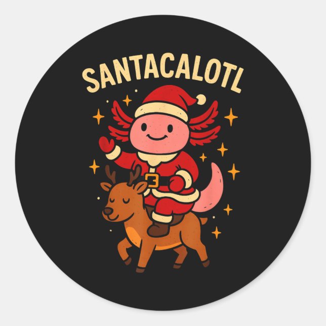 Sticker Rond Santacalotl Santa Claus Cute Axolotl Snow Reindeer (Devant)