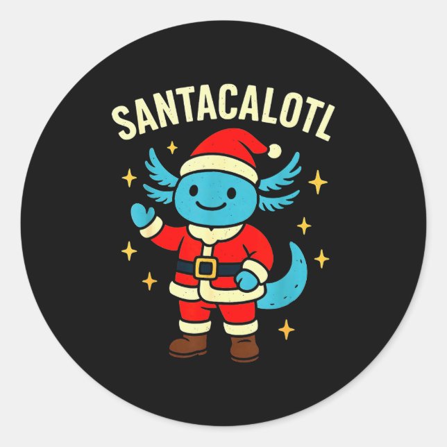 Sticker Rond Santacalotl Santa Claus Cute Blue Axolotl New Year (Devant)