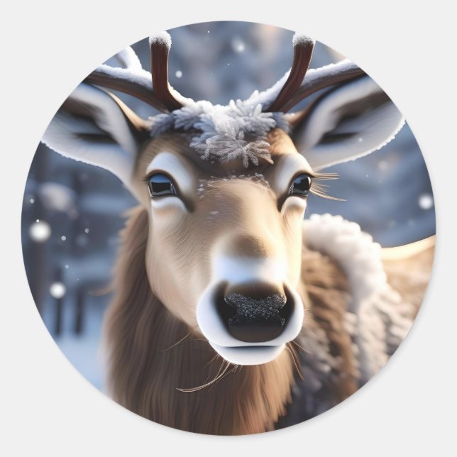 Sticker Rond Santas Assez Près Du Rindeer, (Devant)