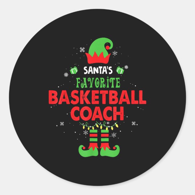 Sticker Rond Santa's Favorite Basketball Coach Funny Elf Family (Devant)