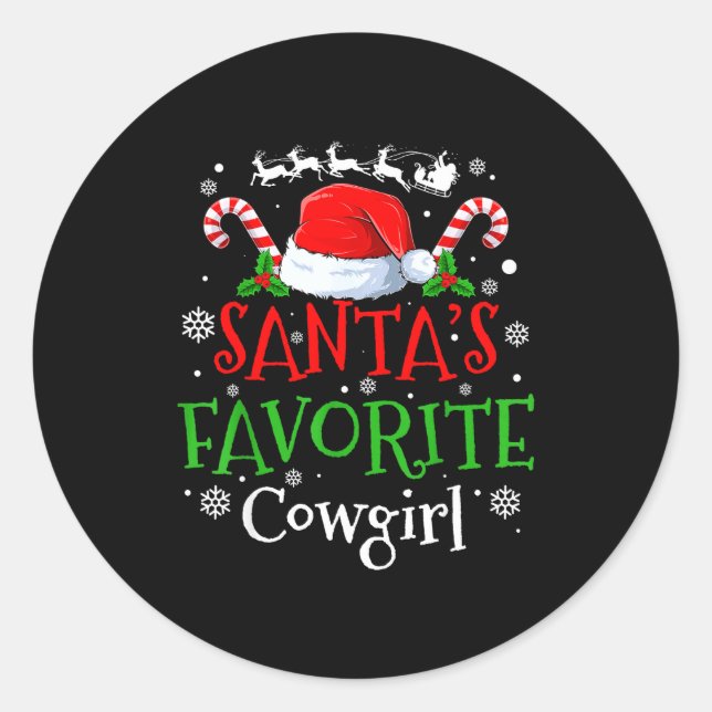 Sticker Rond Santa's Favorite Cowgirl Christmas Party  (Devant)