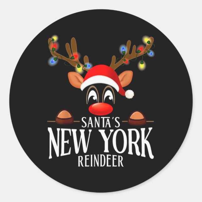 Sticker Rond Santas New York Reindeer Funny Xmas Matching Pjs  (Devant)