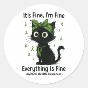 Sticker Rond Santé mentale Guerrier Sensibilisation Noir Chat C