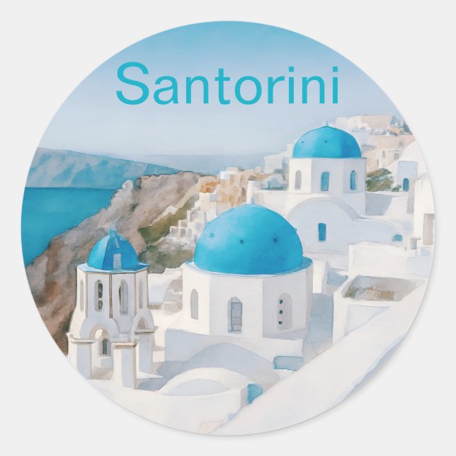 Sticker Rond Santorin, Grèce, avec des dômes bleus emblématique (Devant)