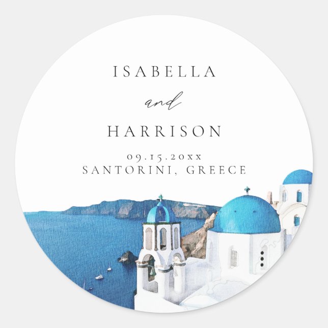 Sticker Rond SANTORINI GRÈCE Horizon Destination à l'aquarelle (Devant)