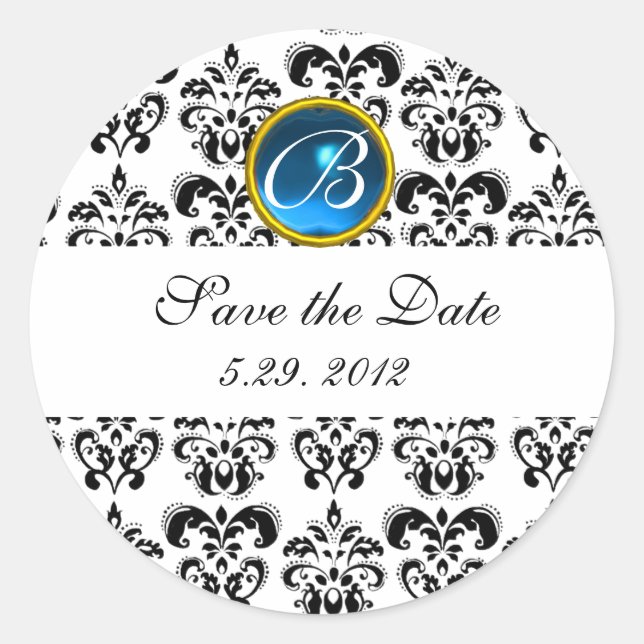 Sticker Rond Saphir bleu NOIR ET BLANC DAMASK MONOGRAM (Devant)