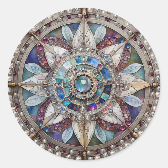 Sticker Rond Saphirs roses et bleus Diamants Perles Mandala (Devant)