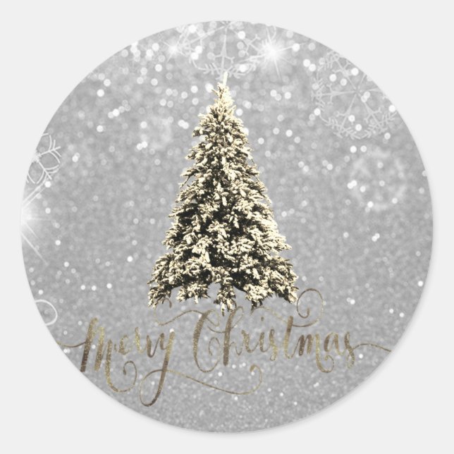 Sticker Rond Sapin de Noël Argent Pailleté Élégant (Devant)