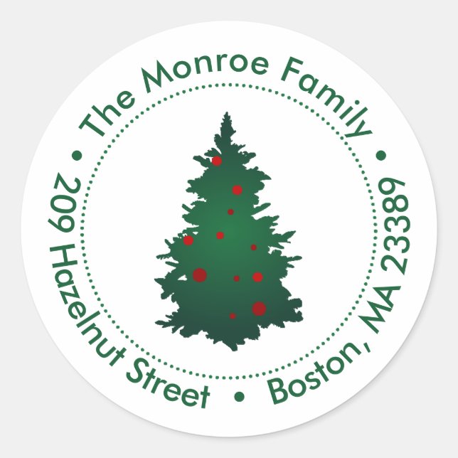 Sticker Rond Sapin de Noël avec décorations Adresse de retour (Devant)