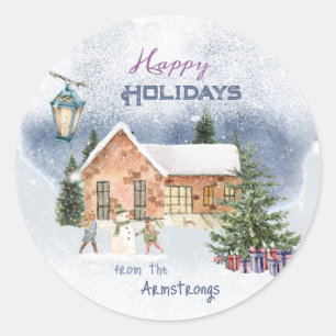 Sticker Rond Sapin de Noël Bonhomme de Neige Enfants Cadeaux Sc