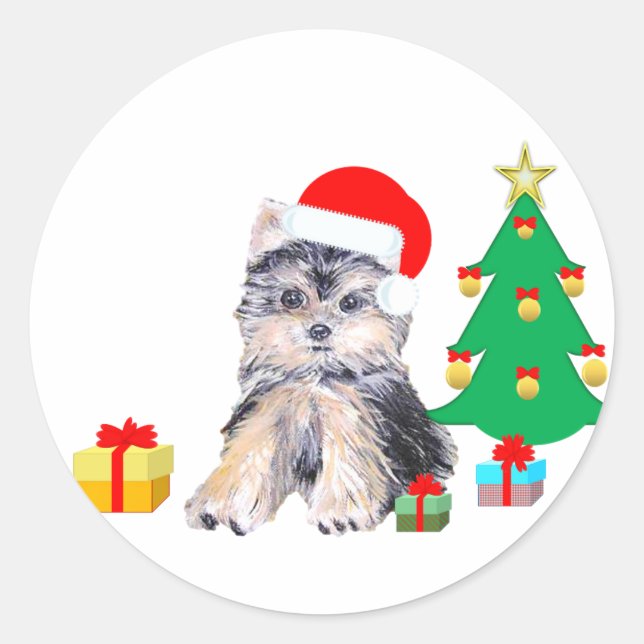 Sticker Rond Sapin de Noël, chiot Yorkshire & cadeaux (Devant)
