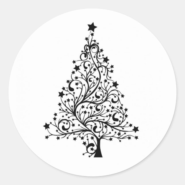 Sticker Rond Sapin de Noël Classique Noir et Blanc (Devant)