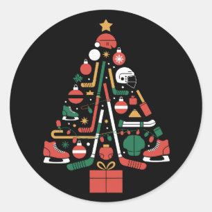 Sticker Rond Sapin de Noël de hockey sur glace Xmas Sports