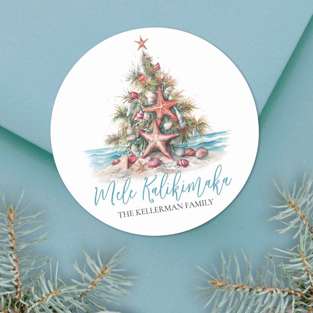 Sticker Rond Sapin de Noël de plage Mele Kalikimaka (Beach Christmas Tree Mele Kalikimaka Classic Round Sticker)