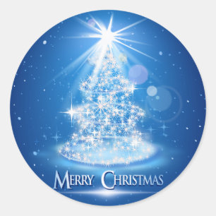 Sticker Rond Sapin de Noël et lumière sur fond bleu