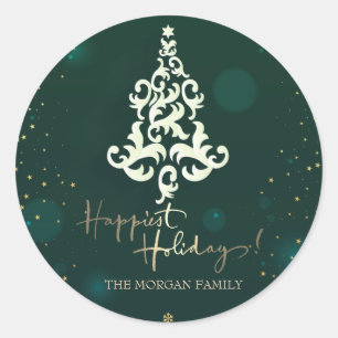 Sticker Rond Sapin de Noël,Étoiles,Joyeuses Fêtes de fin d'anné