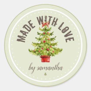 Sticker Rond Sapin de Noël   Fabriqué avec amour   Personnalisé