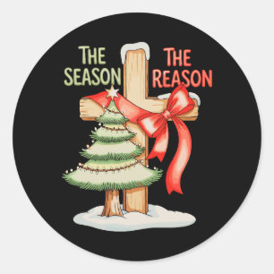 Sticker Rond Sapin de Noël La Saison Raison Croix Xmas Foi