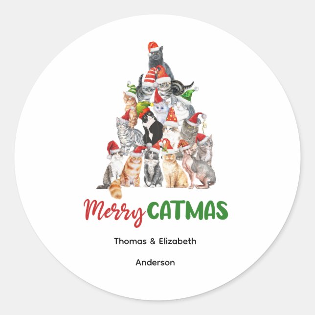Sticker Rond Sapin de Noël Personnalisé pour Chat Amateur de Ch (Devant)