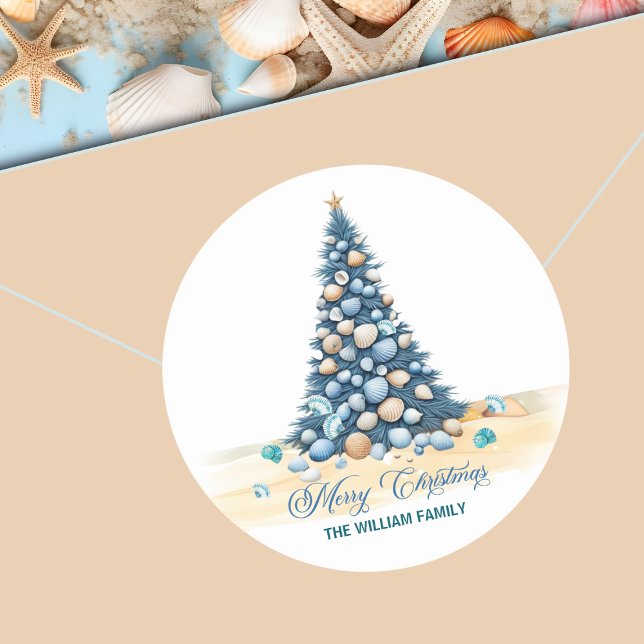 Sticker Rond Sapin de Noël Plage Joyeux Noël (Créateur téléchargé)