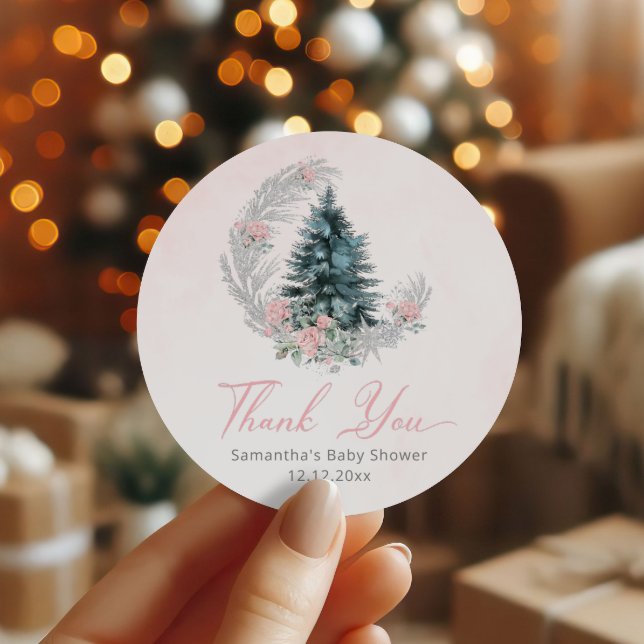 Sticker Rond Sapin de Noël Rose Argent Merci (Créateur téléchargé)