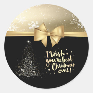 Sticker Rond Sapin de Noël tendance ,Arc en faux or,Flocons de