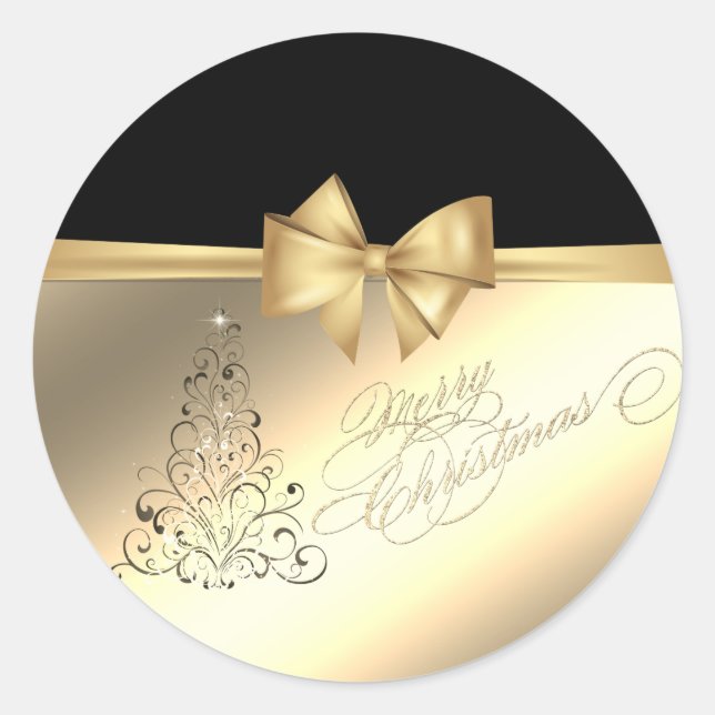 Sticker Rond Sapin de Noël tendance, Nœud doré faux (Devant)
