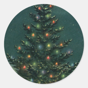 Sticker Rond Sapin de Noël vintage la nuit avec des lumières et