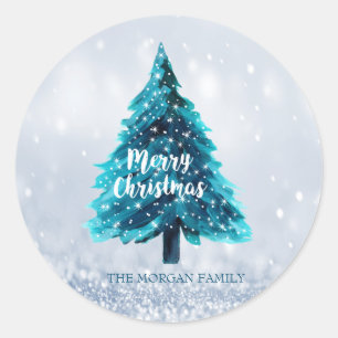 Sticker Rond Sapin Joyeux Noël Bleu Fêtes