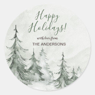 Sticker Rond Sapins de Noël aquarelle Hiver, Fête de Noël