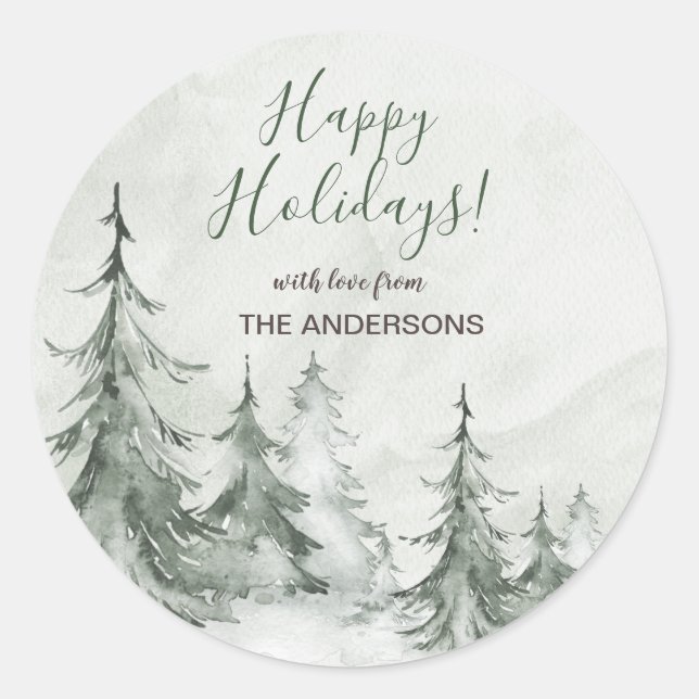 Sticker Rond Sapins de Noël aquarelle Hiver, Fête de Noël (Devant)