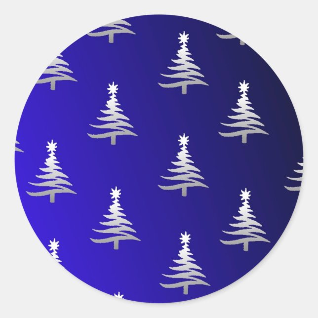 Sticker Rond Sapins de Noël Argent sur Bleu Cobalt (Devant)
