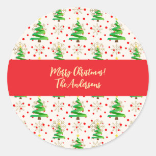 Sticker Rond Sapins de Noël et flocons de neige dorés