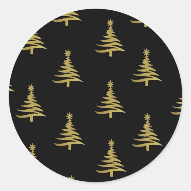 Sticker Rond Sapins de Noël Or sur Fond Noir (Devant)