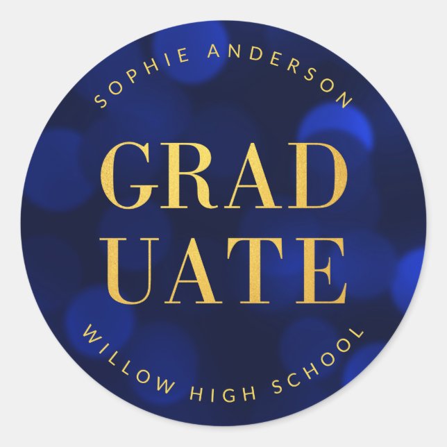 Sticker Rond Sapphire Blue Bokeh Faux Gold Graduate (Devant)