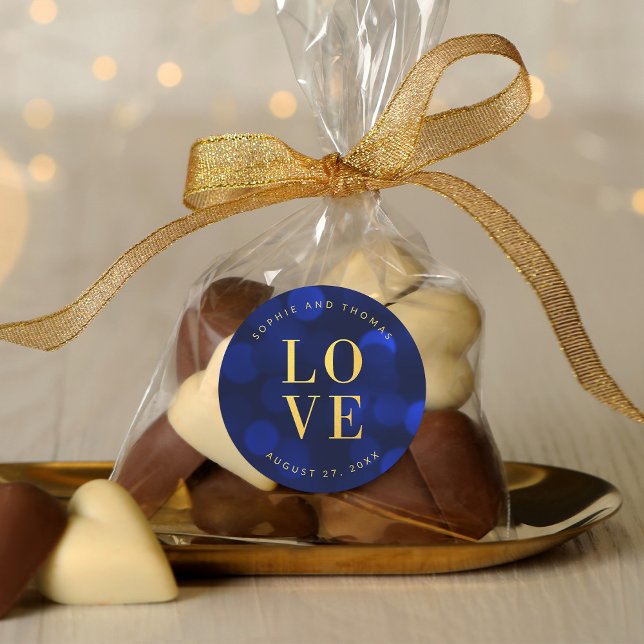 Sticker Rond Sapphire Blue Bokeh Lights Faux Gold Love (Créateur téléchargé)