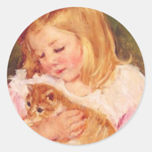 Sticker Rond Sara tenant son chaton par Marie Cassatt
