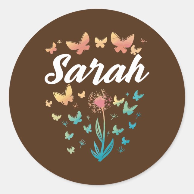 Sticker Rond Sarah Anniversaire Soeur Papillon Dandelion Nom (Devant)