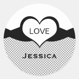 Sticker Rond Sassy Heart Fishnet Stickers, noir et blanc