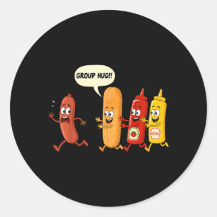 Sticker Rond Saucisson Bun Chup Moutarde Drôle Câlin Hotdog