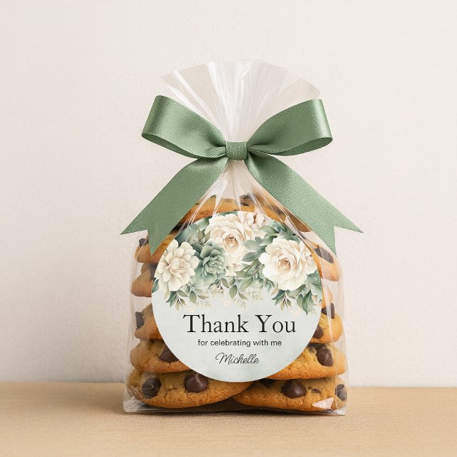 Sticker Rond Sauge blanche Fleurs dorées Anniversaire Merci (White and sage green floral birthday party "Thank you" sticker)