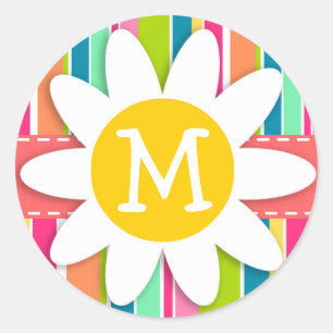 Sticker Rond Saumon rose et vert de mer rayé; marguerite