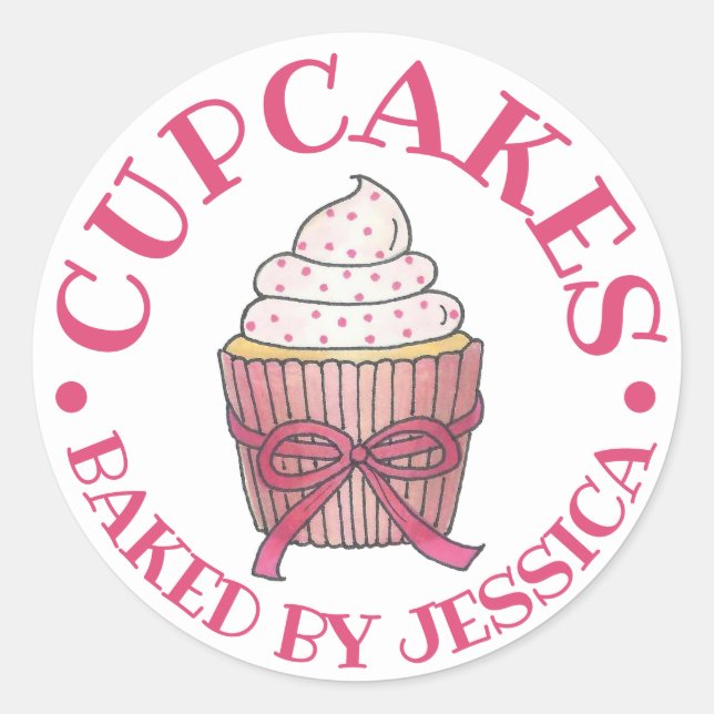 Sticker Rond Saupoudrer De Cupcake Rose Fait Maison, Cuit Avec  (Devant)