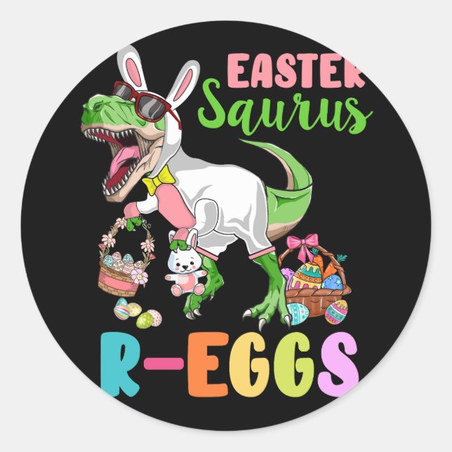 Sticker Rond Saurus de Pâques R oeufs Dinosaures Rex Bunny Chri (Devant)