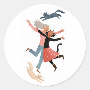 Sticker Rond Sauter de Joie   Amis et Chats Enjoués Autour 