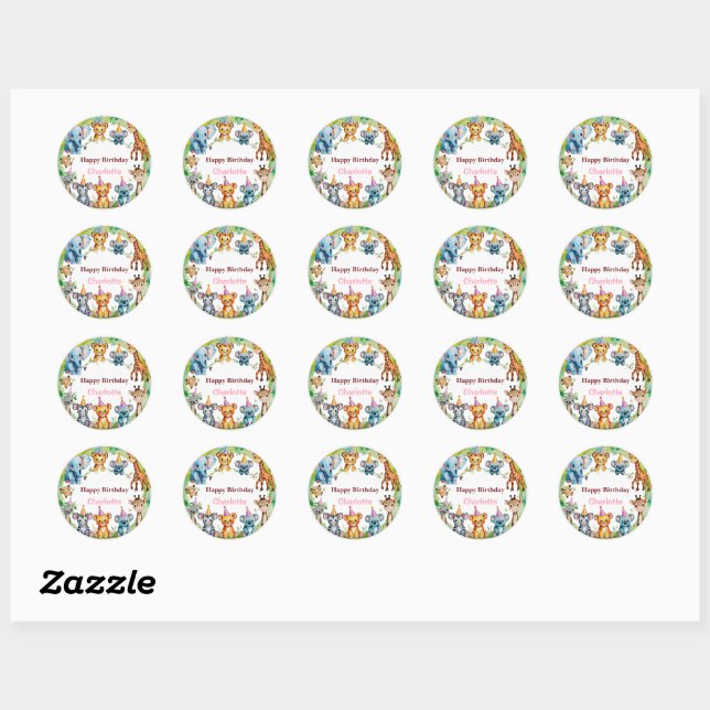 Sticker Rond Sauvage Tropical Une Jungle Safari Animaux Anniver (Feuille)
