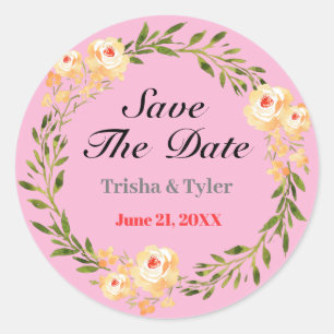 Sticker Rond Sauvegarder la date, noms et date Fleurs jaunes Lt